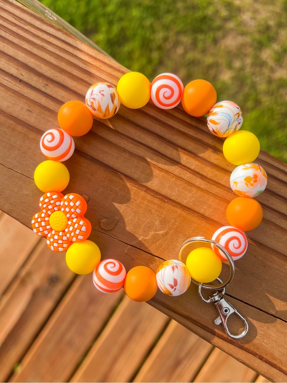 Orange & Yellow Beaded Wrist Keychain with Flower Charm